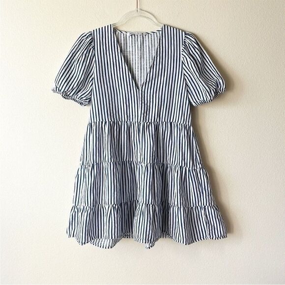 Zara Cotton Linen V Neck Striped Tiered Mini Dress - Picture 2 of 10